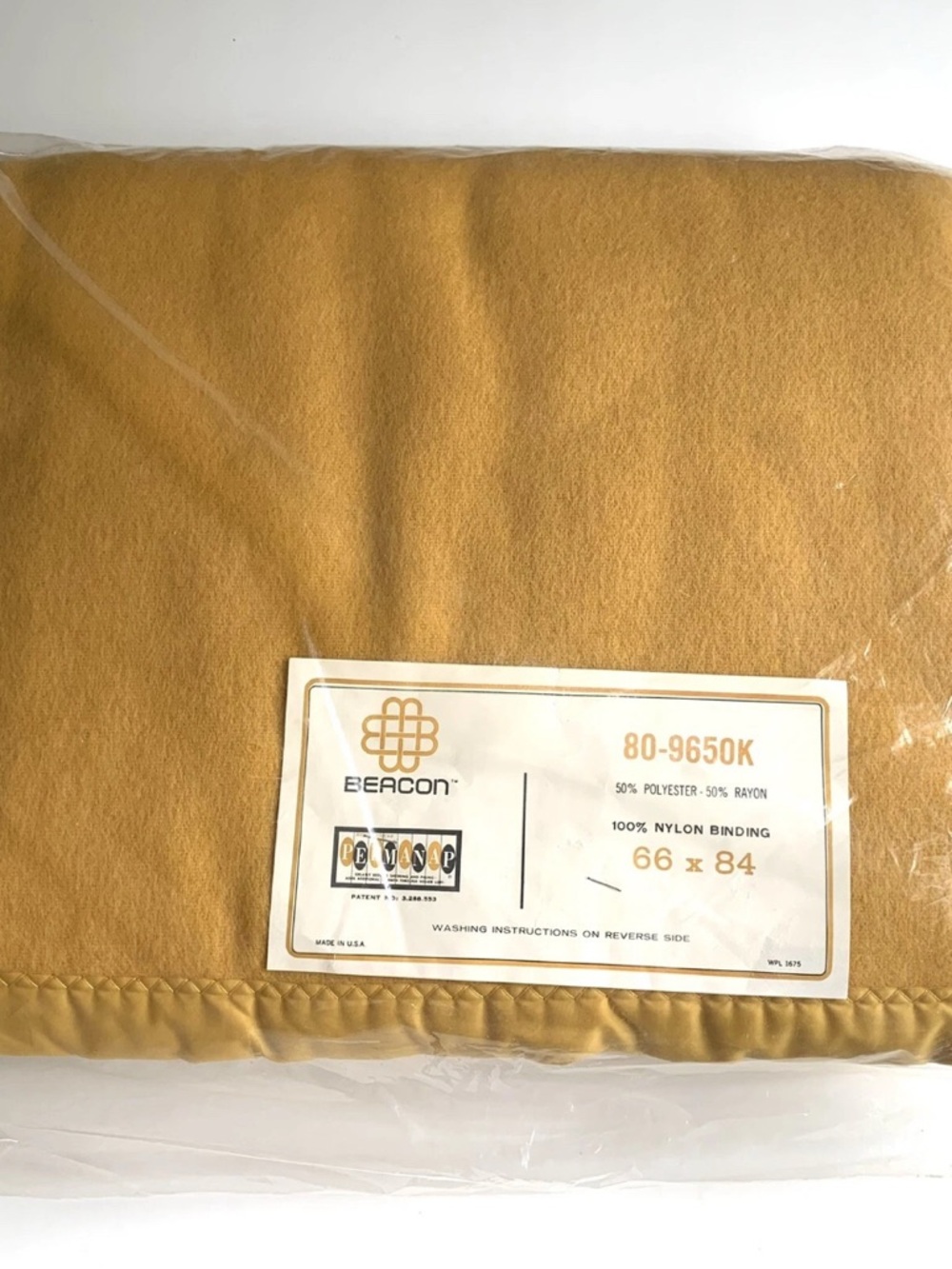 Vintage Gold Beacon Blanket Satin trim NOS 66X84 Permanap Poly/Rayon
